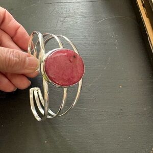 Silver Multi-Band Cuff Bracelet with Rose Pink Stone